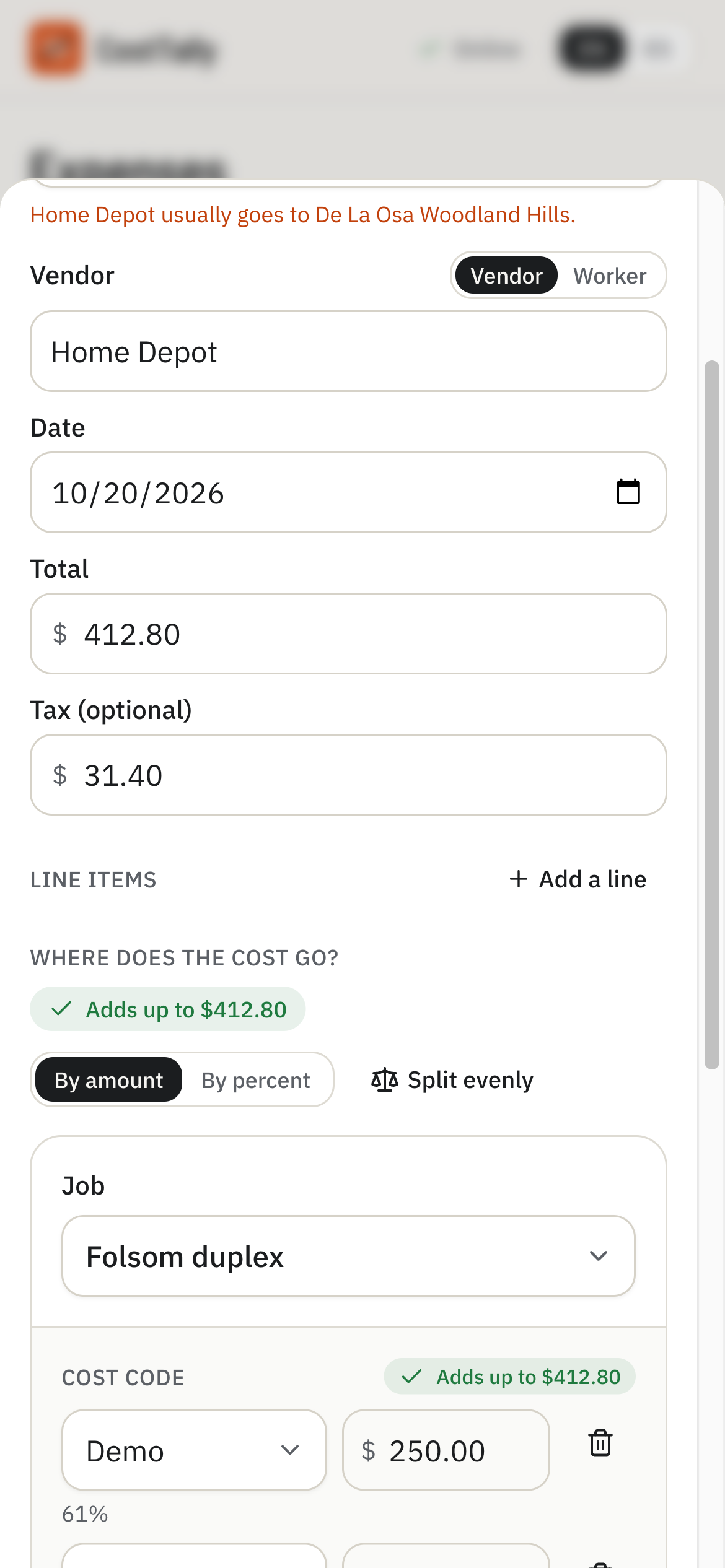 Adding an expense on a phone: vendor, date, total, and where the cost goes, split between two cost codes in dollars.
